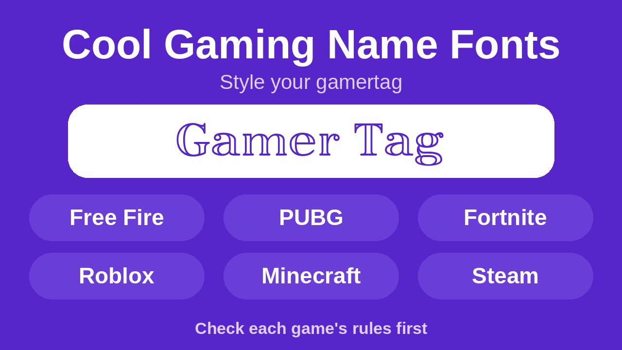 Cool gaming name fonts for gamertags in Free Fire, PUBG, Fortnite, Roblox, Minecraft and Steam.
